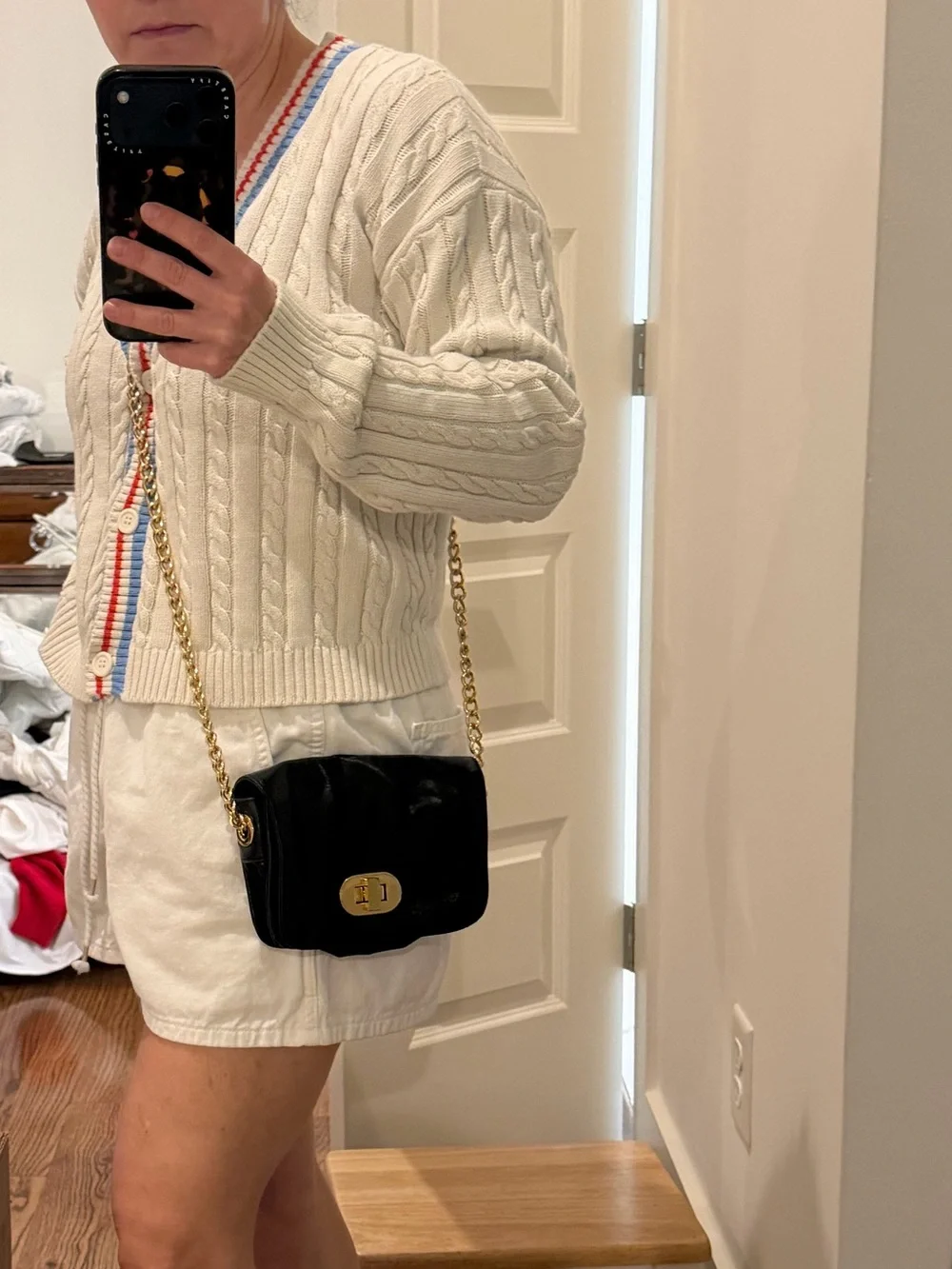 Black Leather Crossbody Bag with Gold Chain